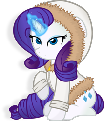 Size: 1573x1850 | Tagged: safe, artist:godoffury, rarity, pony, unicorn, g4, clothes, eyeshadow, female, glowing, glowing horn, hoodie, horn, jacket, magic, magic aura, makeup, mare, parka, raised hoof, simple background, sitting, solo, transparent background, winter outfit