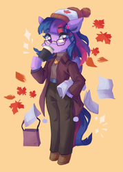 Size: 4604x6424 | Tagged: safe, artist:saxopi, twilight sparkle, alicorn, semi-anthro, g4, arm hooves, clothes, coffee, female, glasses, jacket, leaves, looking at you, missing horn, pants, solo, suit, twilight sparkle (alicorn)