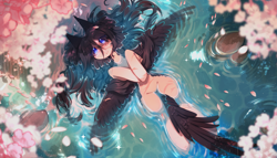 Size: 5000x2856 | Tagged: safe, artist:tyutya, oc, oc only, pegasus, pony, female, floating, mare, partially submerged, petals, spread wings, water, wings