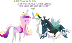 Size: 3500x2085 | Tagged: safe, artist:sketchmcreations, princess cadance, queen chrysalis, alicorn, changeling, changeling queen, pony, g4, christmas, christmas changeling, christmas ornament, decoration, dialogue, female, glowing, glowing horn, holiday, horn, inkscape, magic, mare, pointy ponies, queen chrysalis is not amused, simple background, telekinesis, tinsel, transparent background, unamused, vector