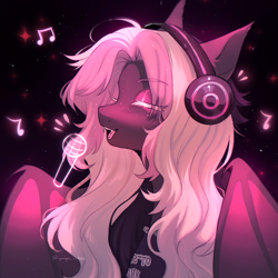 Size: 2079x2079 | Tagged: safe, artist:tyutya, oc, oc only, bat pony, pony, bat wings, bust, clothes, eyes closed, fangs, female, freckles, headphones, jewelry, mare, microphone, necklace, open mouth, singing, solo, wings