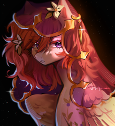 Size: 2429x2667 | Tagged: safe, artist:tyutya, oc, oc only, pegasus, pony, abstract background, bust, female, flower, flower in hair, mare, solo, veil