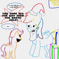 Size: 1280x1280 | Tagged: safe, artist:anonymous, scootaloo, pegasus, g4, christmas, clothes, costume, excited, hat, holiday, present, santa beard, santa claus, santa costume, santa hat, speech, speech bubble, talking, wonderbolts