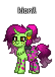 Size: 216x304 | Tagged: safe, artist:princess ice color twinkle, oc, oc:kionil, pony, unicorn, pony town, chest hair, clothes, ear accessory, female, freckles, green skin, horn, mare, ponytail, purple mane, purple tail, simple background, solo, tail, transparent background