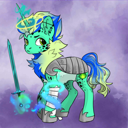 Size: 1024x1024 | Tagged: oc name needed, safe, artist:princess ice color twinkle, oc, pony, unicorn, armor, avatar maker fantasy pony, ear piercing, frown, glowing, glowing horn, green coat, hoof shoes, horn, magic, male, neck fluff, piercing, stallion, sword, tail, telekinesis, two toned mane, two toned tail, unicorn oc, weapon