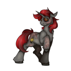 Size: 2300x2300 | Tagged: safe, alternate version, artist:molars, oc, oc only, oc:willow wisp, pony, unicorn, fallout equestria, commission, eyebrows, eyebrows visible through hair, fallout equestria: of shadows, ghoul eyes, gritted teeth, horn, radiation, radiation burns, raised hoof, raised leg, semi ghoul, simple background, solo, teeth, transparent background, unshorn fetlocks