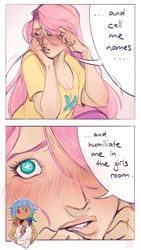 Size: 1500x2666 | Tagged: safe, artist:chimchiri, fluttershy, rainbow dash, human, g4, blush lines, blushing, close-up, comic, dialogue, duo, duo female, female, female focus, femsub, fluttersub, hair over one eye, heart, heart eyes, humanized, lesbian, light skin, ship:flutterdash, shipping, solo focus, speech bubble, submissive, tan skin, wingding eyes