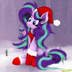 Size: 4000x4000 | Tagged: safe, artist:ser-p, starlight glimmer, pony, unicorn, g4, absurd resolution, christmas, clothes, cute, female, forest, glimmerbetes, glowing, glowing horn, hat, holiday, horn, levitation, magic, magic aura, mare, mug, nature, outdoors, santa hat, scarf, smiling, snow, socks, solo, telekinesis, tree, winter