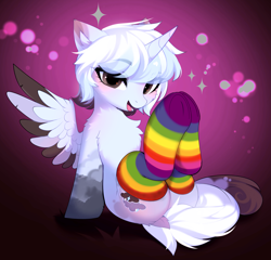 Size: 3527x3385 | Tagged: safe, alternate character, alternate version, artist:empress-twilight, oc, oc only, oc:stormy skies, alicorn, pony, alicorn oc, blushing, brown eyes, bushy tail, butt fluff, cheek fluff, chest fluff, clothes, coat markings, colored eartips, colored wings, colored wingtips, commission, dock, dock fluff, ear fluff, eye clipping through hair, eyebrows, eyebrows visible through hair, eyelashes, feathered wings, female, floppy ears, frog (hoof), gradient background, high res, hoofbutt, horn, leg markings, long tail, looking at you, mare, multicolored tail, one wing out, open mouth, open smile, rainbow socks, raised leg, short mane, shoulder fluff, sitting, smiling, smiling at you, socks, solo, sparkles, striped socks, tail, thick eyelashes, thin, three toned wings, two toned mane, two toned wingtips, underhoof, unicorn horn, white coat, white mane, white tail, wings, ych result