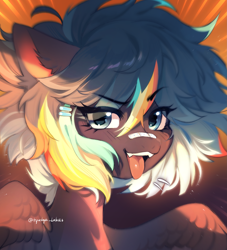 Size: 2345x2583 | Tagged: safe, artist:tyutya, oc, oc only, pegasus, pony, abstract background, band-aid, band-aid on nose, ear fluff, fangs, female, hairclip, looking at you, mare, solo, tongue out, wings