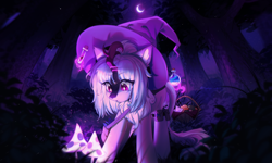 Size: 5000x2996 | Tagged: safe, artist:tyutya, oc, oc only, kirin, pony, dark background, dark forest, female, forest, forest background, hat, kirin oc, mare, moon, mushroom, nature, outdoors, potion, solo, tree