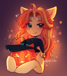 Size: 2948x3363 | Tagged: safe, artist:tyutya, oc, oc only, pony, unicorn, abstract background, commission, eye clipping through hair, female, halloween, hat, holiday, horn, jack-o-lantern, mare, not sunset shimmer, pumpkin, solo, witch hat