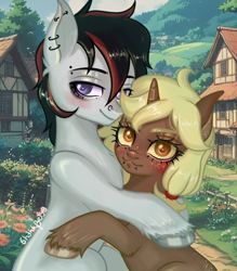 Size: 2448x2800 | Tagged: safe, artist:6hellboy9, oc, oc only, oc:diego, oc:kesha, earth pony, unicorn, duo, earth pony oc, horn, love, oc duo, outdoors, piercing, unicorn oc