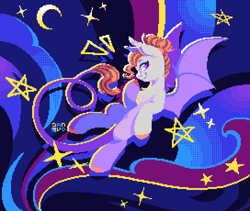 Size: 2176x1840 | Tagged: safe, artist:danvo, oc, oc only, oc:alruna moonrise, bat pony, pony, abstract background, digital art, dithering, moon, pixel art, stars