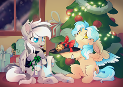 Size: 7157x5102 | Tagged: safe, artist:cutepencilcase, oc, oc only, oc:lumin light, oc:silver edge, hybrid, pegabat, pegasus, beige coat, best friends, big ears, blue eyes, blue hair, blue mane, blue tail, blue wings, christmas, christmas decoration, christmas lights, christmas ornament, christmas tree, closed mouth, clothes, colored wings, cowboy, cowboy hat, cute, decoration, duo, eyes open, floppy ears, folded wings, gift exchange, gray coat, gray mane, gray tail, grey hair, hat, holiday, indoors, light blue hair, light blue mane, light blue tail, light blue wings, looking at each other, looking at someone, male, multicolored coat, multicolored eyes, multicolored hair, multicolored mane, multicolored tail, multicolored wings, name tag, open mouth, pegasus oc, present, sheriff, sheriff badge, sheriff's badge, sitting, slight smile, smiling, smiling at each other, spread wings, stallion, starry eyes, tail, teeth, tree, uniform, white hair, white mane, white tail, white wings, wholesome, window, wingding eyes, wings, wonderbolts uniform, yellow eyes