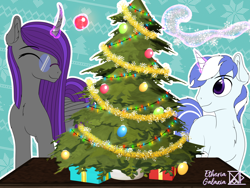 Size: 2880x2160 | Tagged: safe, artist:etheria galaxia, oc, oc only, oc:etheria galaxia, oc:scratch wub, alicorn, pony, unicorn, alicorn oc, christmas, christmas tree, curved horn, duo, eyes closed, female, glasses, holiday, horn, male, mare, ship:scratchtheria, stallion, tree, unicorn oc, watermark, wings