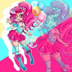 Size: 2048x2048 | Tagged: safe, artist:rainbowbeastart, pinkie pie, human, g4, balloon, belt, blushing, boots, bow, bracelet, breasts, choker, cleavage, clothes, eared humanization, female, high res, humanized, jewelry, looking at you, microskirt, miniskirt, multicolored background, necklace, open mouth, ponytail, screentone, shoes, skirt, smiling, smiling at you, socks, solo, stockings, striped hair, thigh highs, thigh socks, watermark, zettai ryouiki