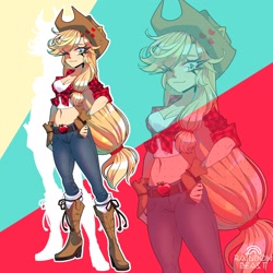 Size: 2048x2048 | Tagged: safe, artist:rainbowbeastart, applejack, human, g4, applejack's hat, belly, belly button, belt, boots, breasts, cleavage, clothes, cowboy hat, denim, eared humanization, female, fingerless gloves, front knot midriff, gloves, hat, high res, humanized, jeans, looking at you, midriff, multicolored background, one eye closed, pants, screentone, shoes, smiling, smiling at you, solo, tied hair, watermark, wink, winking at you