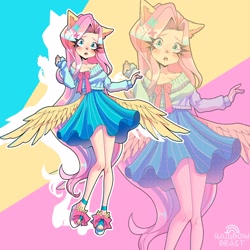 Size: 2048x2048 | Tagged: safe, artist:rainbowbeastart, fluttershy, human, g4, :o, anklet, blushing, bow, breasts, butterfly hairpin, cleavage, clothes, eared humanization, female, high res, humanized, jewelry, looking at you, multicolored background, open mouth, platform shoes, screentone, shirt, shoes, skirt, solo, spread wings, sweater, winged humanization, wings