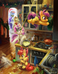 Size: 5000x6400 | Tagged: safe, artist:flvski, apple bloom, applejack, rainbow dash, rarity, scootaloo, sweetie belle, earth pony, pegasus, pony, unicorn, g4, :p, apple, apple bloom's bow, apple sisters, belle sisters, blank flank, bow, bowl, christmas, christmas wreath, cutie mark crusaders, female, filly, flour, foal, food, hair bow, hearth's warming, hearth's warming eve, holiday, horn, indoors, kitchen, mare, moments before disaster, mouth hold, rope, siblings, sink, sisters, sitting, stove, this will end in tears and/or death and/or covered in tree sap, tongue out, wings, wreath