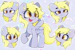 Size: 3375x2250 | Tagged: safe, artist:zokkili, derpy hooves, pegasus, pony, g4, :3, beanbrows, cute, derp, derpabetes, ear fluff, eye clipping through hair, eyebrows, eyebrows visible through hair, female, high res, mare, open mouth, open smile, raised hoof, smiling, solo, spread wings, wings