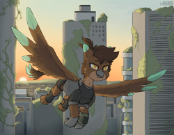 Size: 2048x1587 | Tagged: safe, artist:crashbrush, oc, oc only, griffon, armor, city, clothes, colored wings, commission, flying, nature, outdoors, pipbuck, post-apocalyptic, solo, spread wings, sun, two toned wings, wings