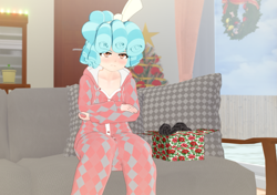 Size: 1531x1080 | Tagged: safe, artist:kkanon, cozy glow, human, g4, 3d, clothes, coal, couch, humanized, indoors, koikatsu, naughty, pajamas, present, solo