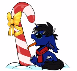 Size: 3650x3394 | Tagged: safe, artist:diethtwoo, oc, oc:night reader, bat pony, hybrid, unicorn, bat pony oc, bow, candy, candy cane, clothes, commission, fangs, food, horn, hybrid oc, scarf, silly, tongue out, tongue stuck, tongue stuck to pole, unicorn oc, ych result