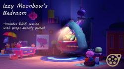 Size: 3840x2160 | Tagged: safe, artist:psfmer, g5, 3d, 3d model, bed, bedroom, caption, crystal brighthouse, download at source, downloadable, hammock, implied izzy moonbow, indoors, izzy moonbow's bedroom, no pony, source filmmaker, text