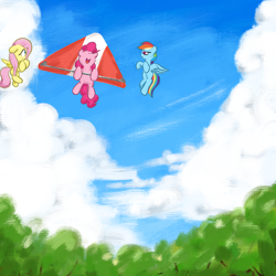 Size: 3000x3000 | Tagged: safe, artist:widelake, fluttershy, pinkie pie, rainbow dash, earth pony, pegasus, g4, female, forest, glider, nature, sky, sky background, tree, trio, trio female