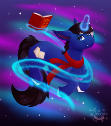 Size: 3500x4000 | Tagged: safe, artist:decemberbreeze, oc, oc:night reader, bat pony, hybrid, unicorn, bat pony oc, book, chest fluff, clothes, commission, fangs, horn, hybrid oc, magic, male, scarf, solo, solo male, unicorn oc