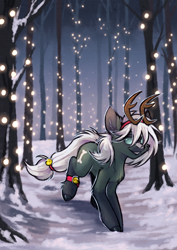 Size: 2893x4092 | Tagged: safe, artist:lonerdemiurge_nail, oc, earth pony, pony, christmas, deer horns, forest, holiday, my little pony, nature, new year, snow, snowfall, solo, tree, winter