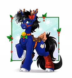 Size: 1900x2048 | Tagged: safe, artist:buvanybu, oc, oc:night reader, bat pony, deer, hybrid, reindeer, unicorn, bat pony oc, bell, bell collar, christmas, collar, commission, holiday, horn, horns, hybrid oc, saddle, tack, unicorn oc, ych result