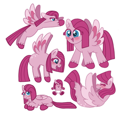 Size: 962x894 | Tagged: safe, artist:tabbi, pinkie pie, pegasus, pony, g4, my little pony: friendship is magic, cute, diaper, female, filly, flying, foal, folded wings, pinkamena diane pie, poses, race swap, simple background, smiling, solo, spread wings, white background, wings