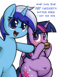 Size: 3000x4000 | Tagged: safe, artist:aaathebap, minuette, twilight sparkle, alicorn, pony, unicorn, g4, belly, belly button, big belly, bipedal, blushing, burger, dialogue, duo, duo female, embarrassed, fat, female, food, hay burger, horn, looking at you, mare, nom, pointing, simple background, that pony sure does love burgers, twilard sparkle, twilight burgkle, twilight sparkle (alicorn), white background