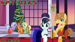 Size: 2064x1164 | Tagged: safe, anonymous artist, artist:cloudy glow, coloratura, dear darling, feather bangs, fond feather, swoon song, earth pony, pegasus, unicorn, g4, 2024, all i want for christmas is you, ballroom, bimbettes, bow, canterlot, christmas, clothes, colorabangs, december, dress, duet, duo, female, flower, flower in hair, friends, friendship, happy holidays, hearth's warming, holiday, holly, horn, indoors, kiss mark, levitation, lipstick, lyrics in the description, magic, magic aura, male, mare, microphone, mistletoe, shipper on deck, shipping, singing, smiling, song in the description, song reference, stallion, straight, telekinesis, winter, youtube link in the description