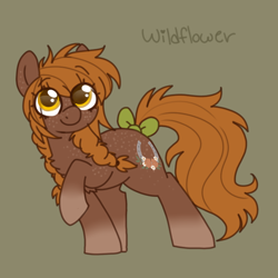 Size: 600x600 | Tagged: safe, artist:php193, oc, oc only, oc:wildflower, earth pony, pony, bow, braid, braided pigtails, brown coat, female, freckles, green background, messy mane, orange mane, pigtails, simple background, solo, tail, tail bow