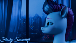 Size: 1920x1080 | Tagged: safe, artist:frostysnowdrift, zipp storm, pegasus, pony, g5, 3d, blender, city, cityscape, female, indoors, mare, night, rain, solo, window