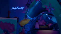 Size: 1920x1080 | Tagged: safe, artist:frostysnowdrift, izzy moonbow, pony, unicorn, g5, 3d, blender, crystal brighthouse, female, hammock, horn, indoors, izzy moonbow's bedroom, lying down, mare, painting, prone, sleeping, solo, sploot