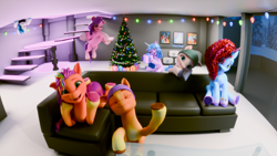 Size: 1920x1080 | Tagged: safe, artist:frostysnowdrift, hitch trailblazer, izzy moonbow, misty brightdawn, pipp petals, sunny starscout, zipp storm, oc, earth pony, pegasus, pony, unicorn, g5, 3d, blender, cellphone, christmas, christmas lights, christmas tree, couch, female, fisheye lens, hat, holiday, horn, indoors, looking at you, lying down, male, mane five, mane six (g5), mane stripe sunny, mare, painting, phone, present, prone, rebirth misty, smartphone, snow, sploot, stallion, tree, winter