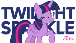 Size: 2560x1440 | Tagged: safe, artist:zslnews, twilight sparkle, alicorn, pony, g4, female, name, one eye closed, raised hoof, solo, twilight sparkle (alicorn), wallpaper, wink