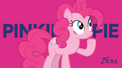 Size: 2560x1440 | Tagged: safe, artist:zslnews, pinkie pie, earth pony, pony, g4, female, mare, name, raised hoof, solo, wallpaper