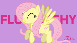 Size: 2560x1440 | Tagged: safe, artist:zslnews, fluttershy, pegasus, pony, g4, eyes closed, female, mare, name, solo, wallpaper