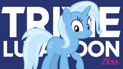 Size: 2560x1440 | Tagged: safe, artist:zslnews, trixie, pony, unicorn, g4, female, horn, mare, name, raised hoof, solo, wallpaper