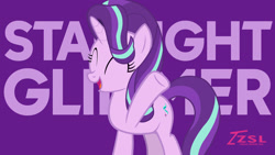 Size: 2560x1440 | Tagged: safe, artist:zslnews, starlight glimmer, pony, unicorn, g4, eyes closed, female, horn, mare, name, open mouth, open smile, raised hoof, smiling, solo, wallpaper