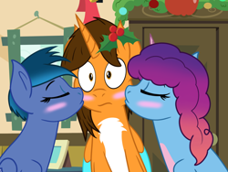 Size: 1024x768 | Tagged: safe, artist:bluemario11, misty brightdawn, oc, oc:ej, oc:navy soarblaze, alicorn, pegasus, pony, unicorn, g4, g5, cheek kiss, christmas, holiday, holly, holly mistaken for mistletoe, horn, indoors, kiss sandwich, kissing, trio