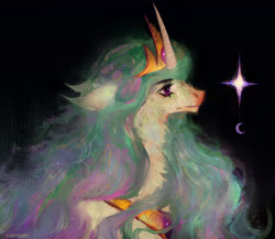 Size: 5916x5136 | Tagged: safe, artist:blavatflowers, princess celestia, alicorn, pony, g4, absurd resolution, bust, curved horn, female, fluffy, horn, jewelry, mare, profile, regalia, solo