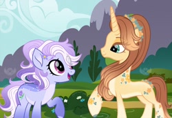 Size: 1958x1336 | Tagged: safe, artist:lovinglypromise, oc, oc only, oc:marigold flair, oc:periwinkle, earth pony, pony, unicorn, duo, duo female, eye clipping through hair, female, horn, mare, outdoors