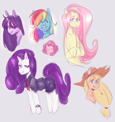 Size: 1107x1170 | Tagged: safe, artist:infinitesimal, applejack, fluttershy, pinkie pie, rainbow dash, rarity, twilight sparkle, earth pony, pegasus, pony, unicorn, g4, clothes, female, grin, horn, mane six, mare, simple background, smiling