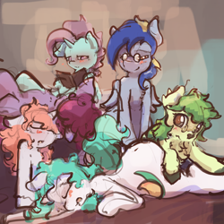 Size: 3000x3000 | Tagged: safe, artist:ruby, oc, oc:asha, oc:fuzz, oc:rhythm fruit, oc:ruby, deer, pegasus, pony, unicorn, blushing, book, group, high res, horn, ox only, pony pile, sleeping